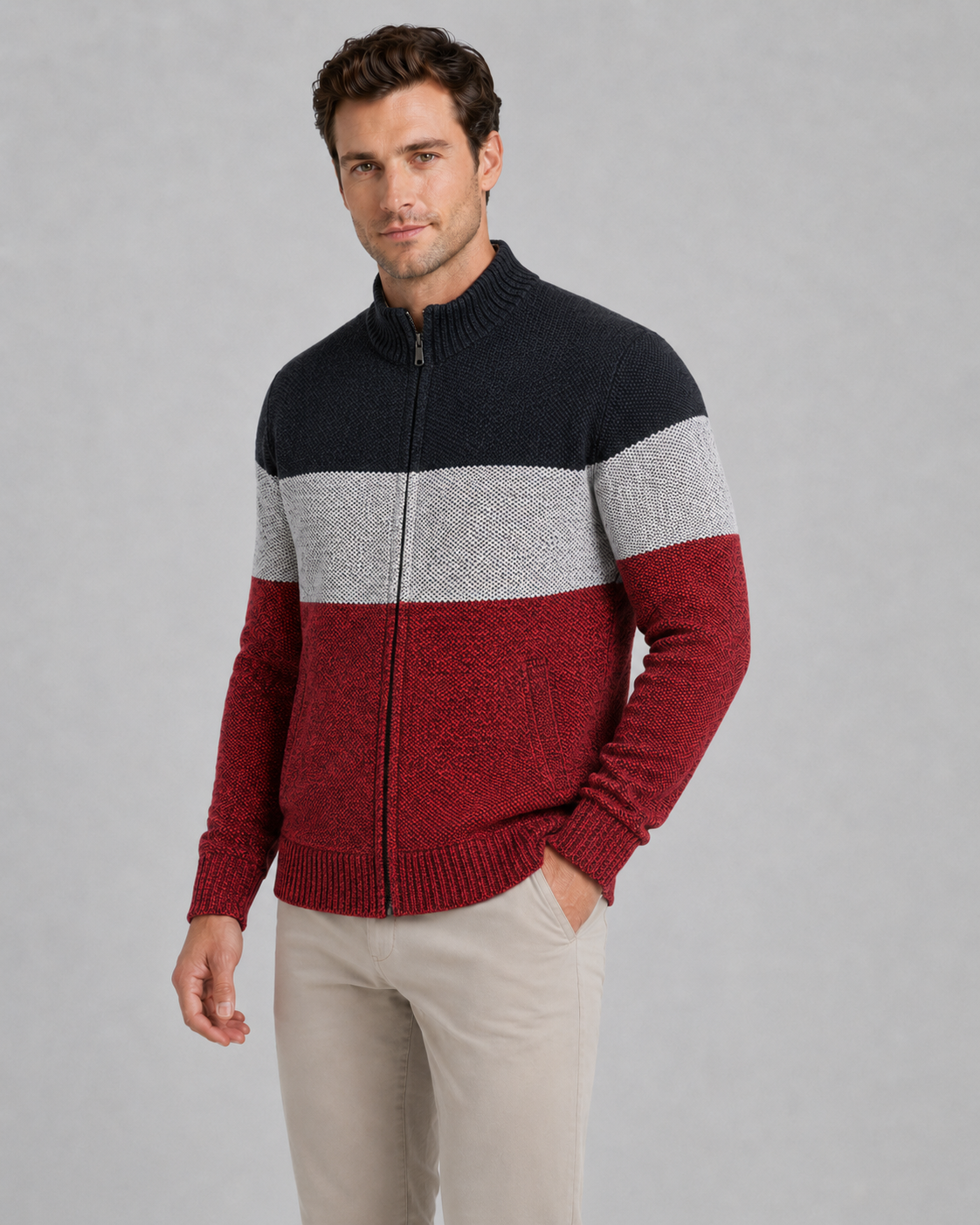 Men's Colour Block Zip Cardigan – Stand Collar, Check Lined
