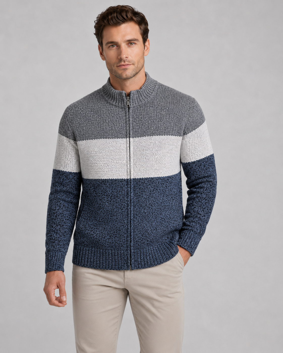 Men's Colour Block Zip Cardigan – Stand Collar, Check Lined