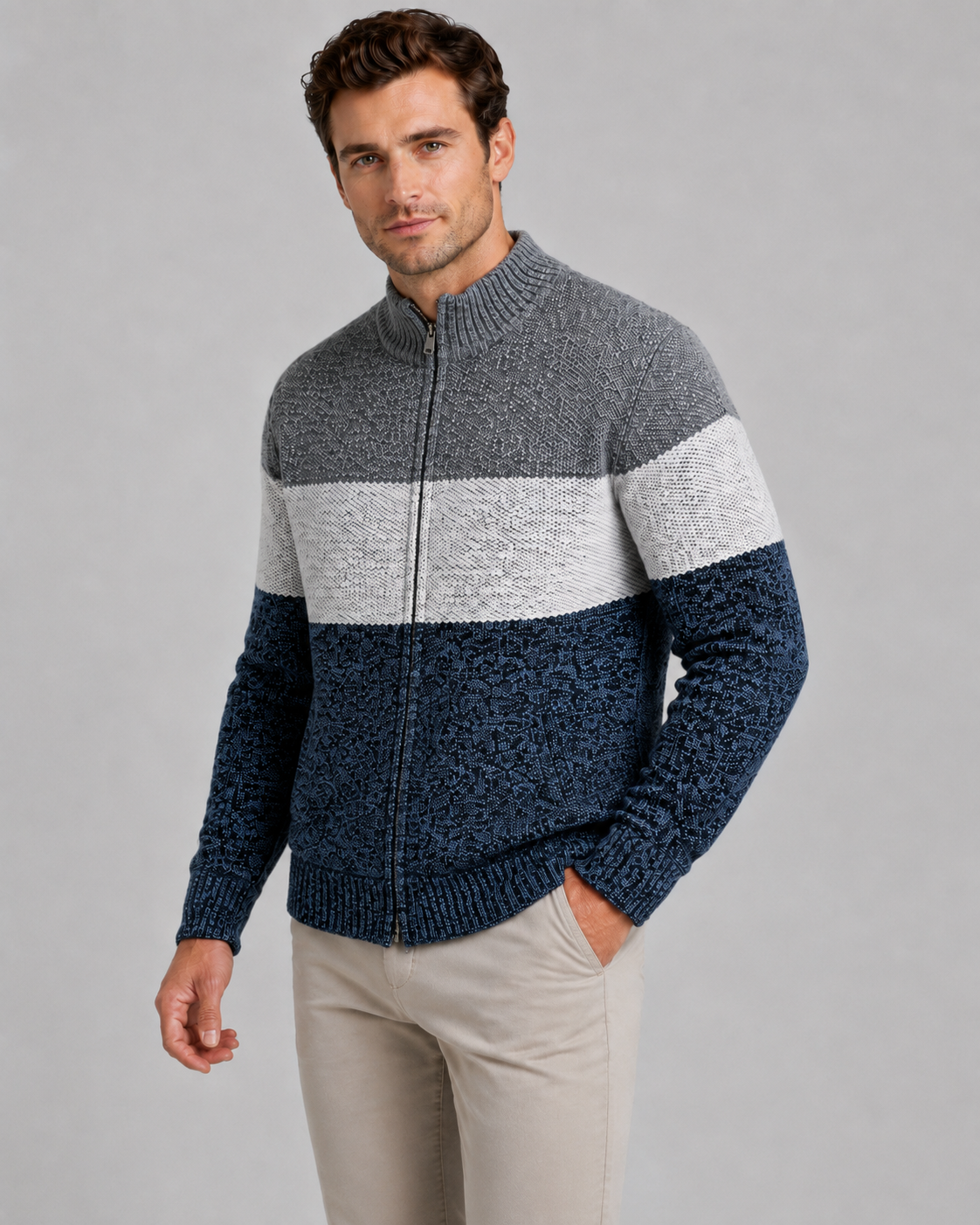 Men's Colour Block Zip Cardigan – Stand Collar, Check Lined
