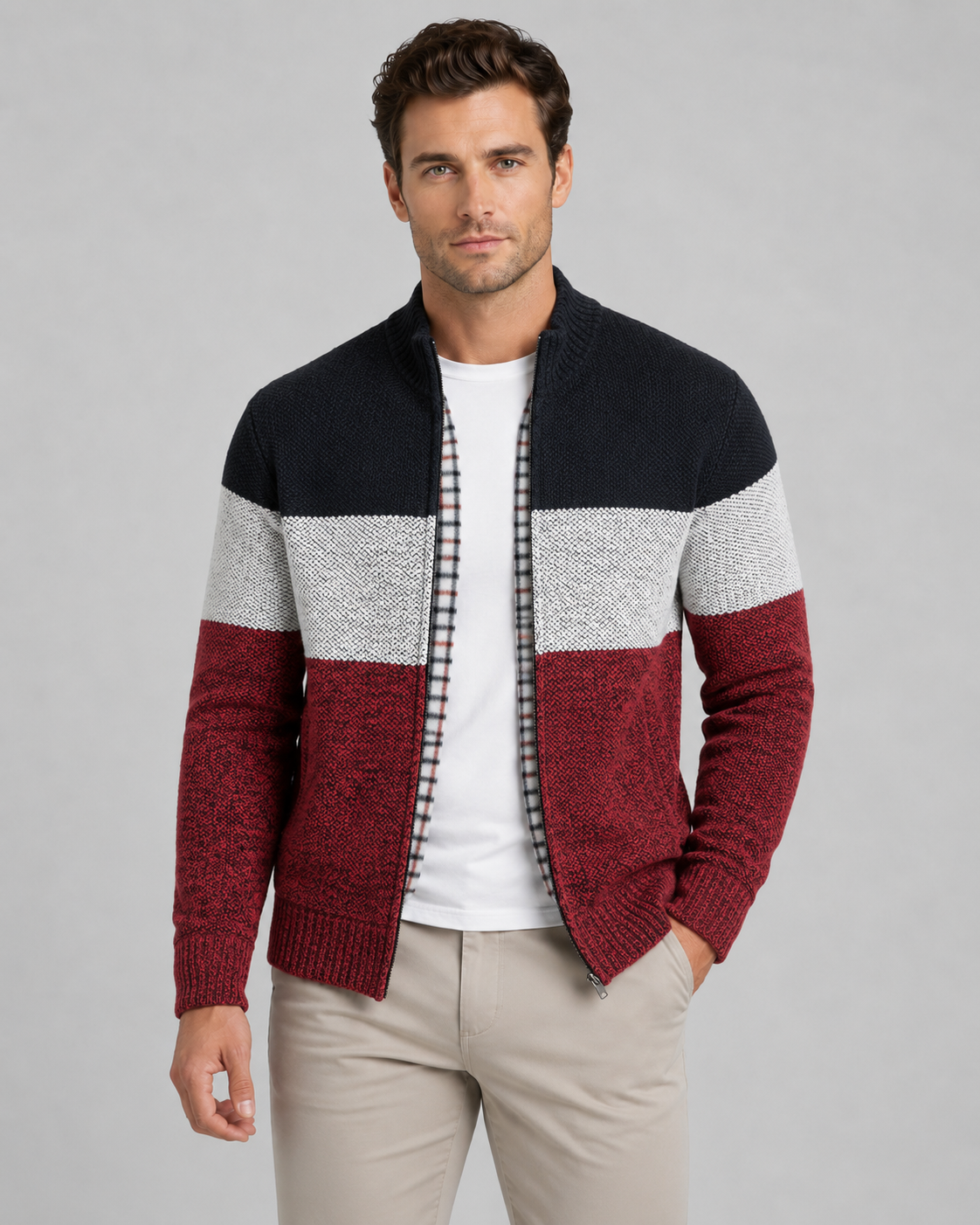 Men's Colour Block Zip Cardigan – Stand Collar, Check Lined