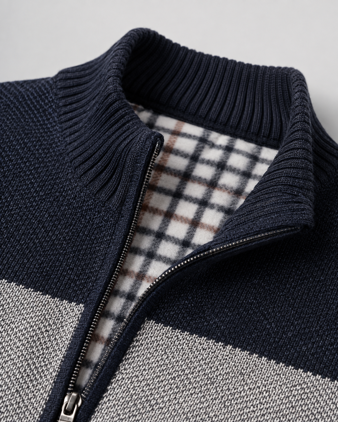 Men's Colour Block Zip Cardigan – Stand Collar, Check Lined