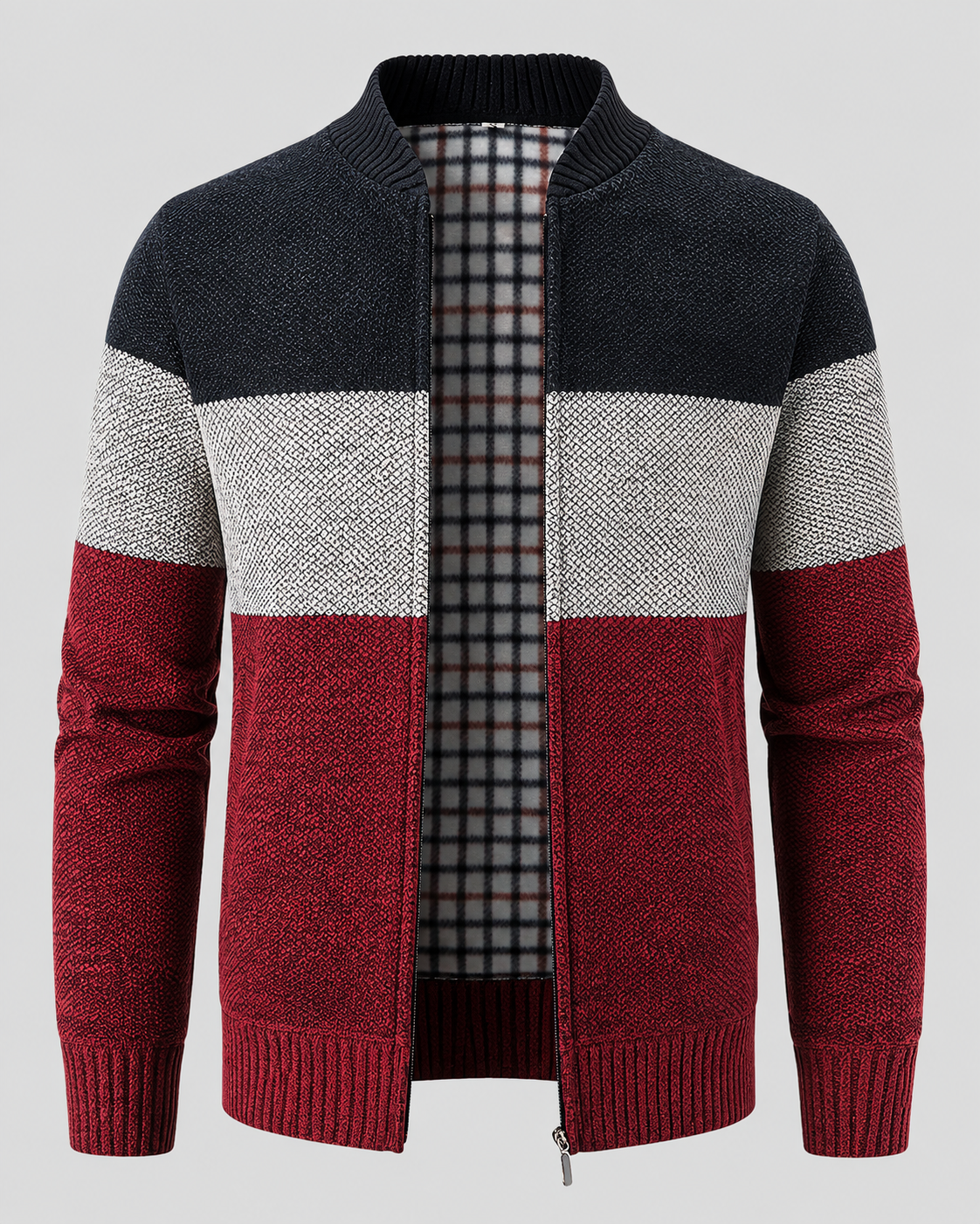 Men's Colour Block Zip Cardigan – Stand Collar, Check Lined