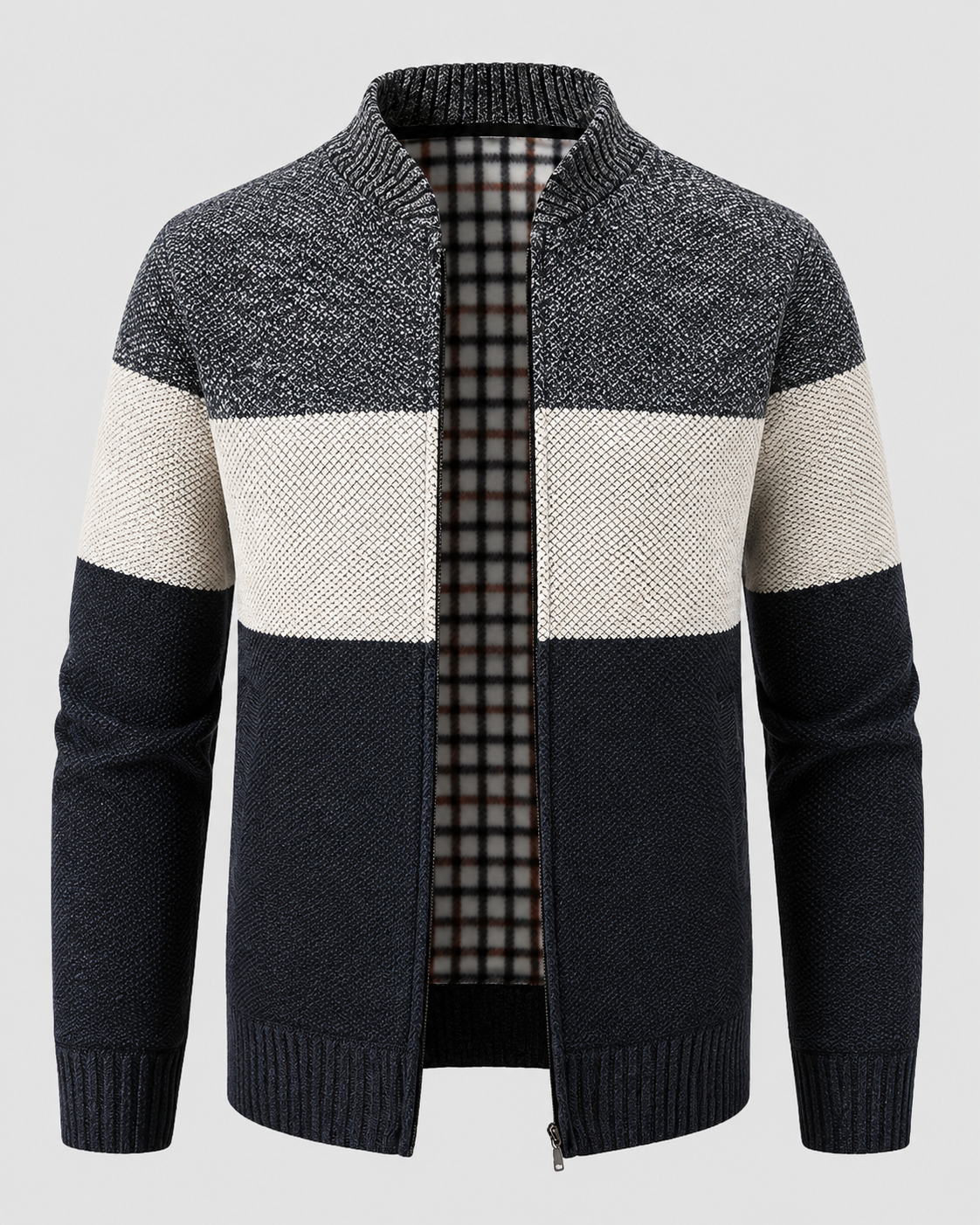 Men's Colour Block Zip Cardigan – Stand Collar, Check Lined