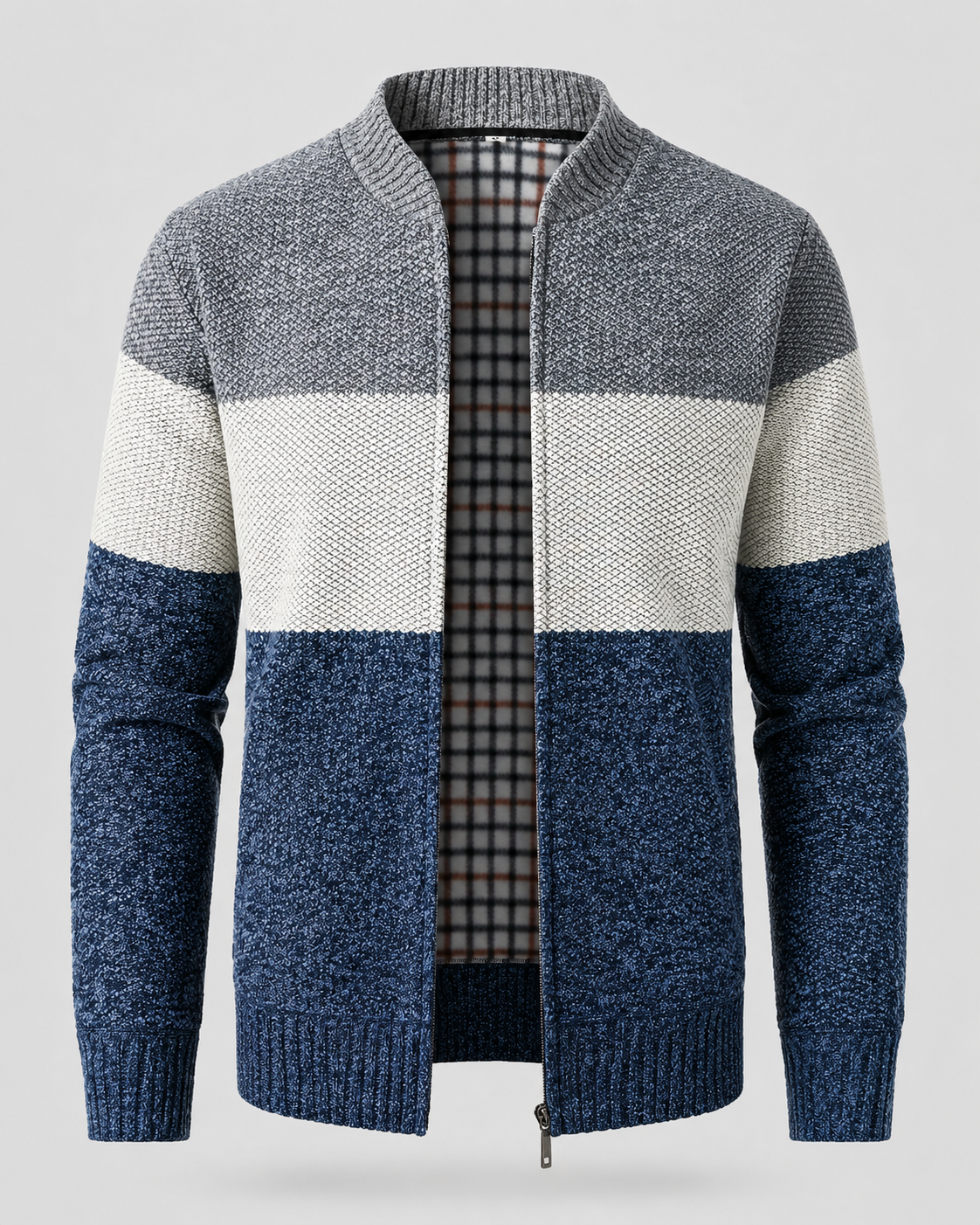 Men's Colour Block Zip Cardigan – Stand Collar, Check Lined
