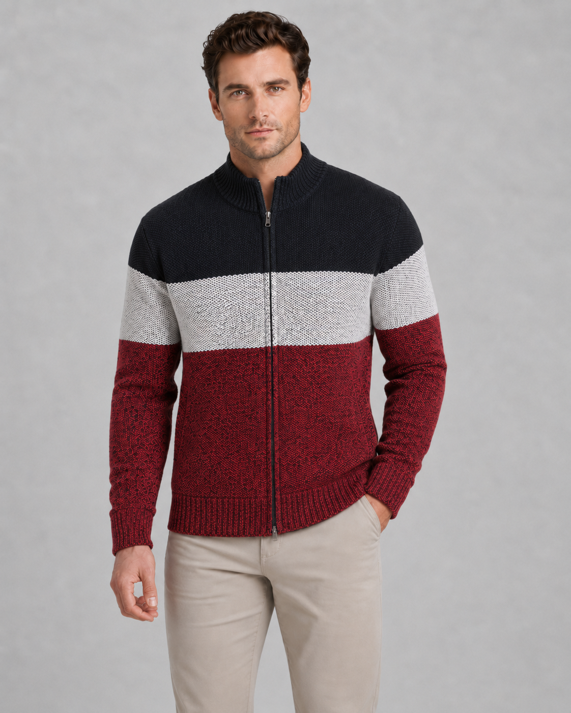 Men's Colour Block Zip Cardigan – Stand Collar, Check Lined