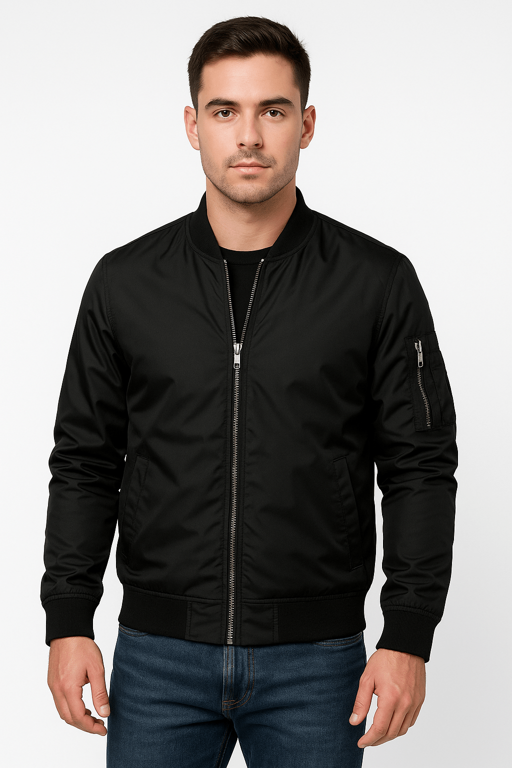 Men's Lightweight Bomber Jacket – Ribbed Collar, Side Pockets