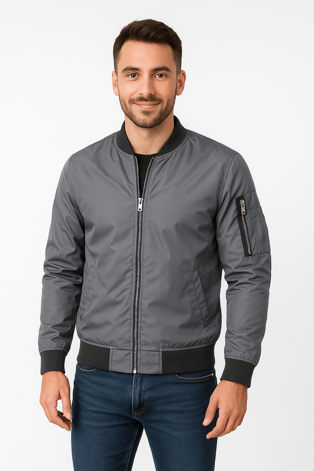 Men's Lightweight Bomber Jacket – Ribbed Collar, Side Pockets