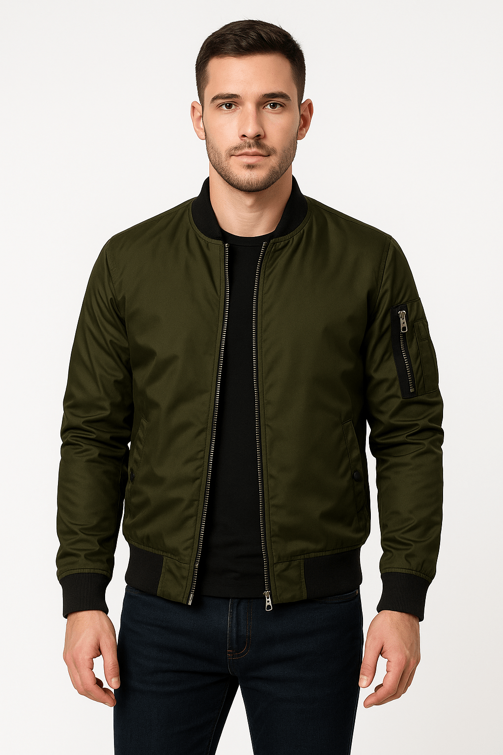 Men's Lightweight Bomber Jacket – Ribbed Collar, Side Pockets