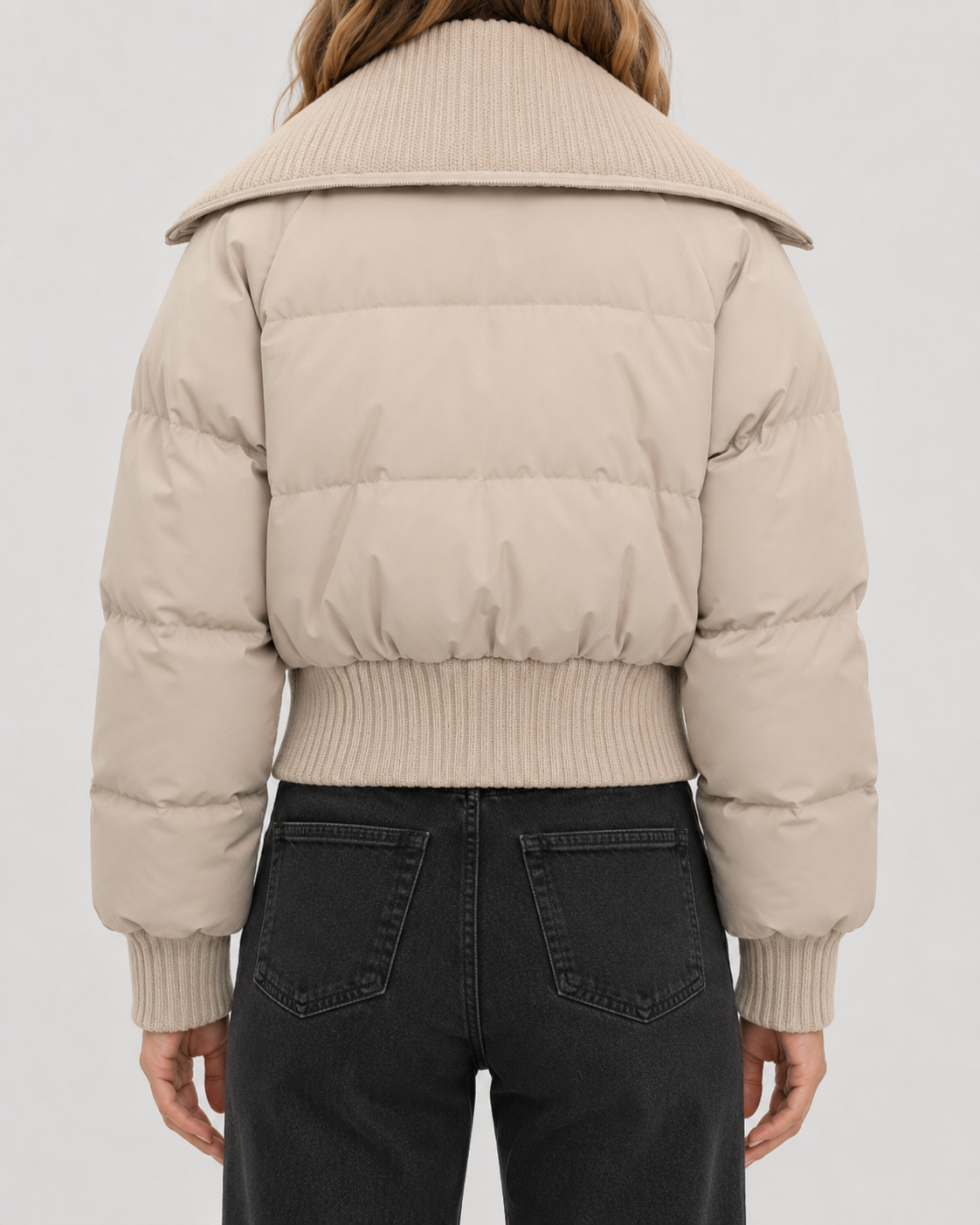 Women's Cropped Puffer Jacket – Ribbed Knit Collar