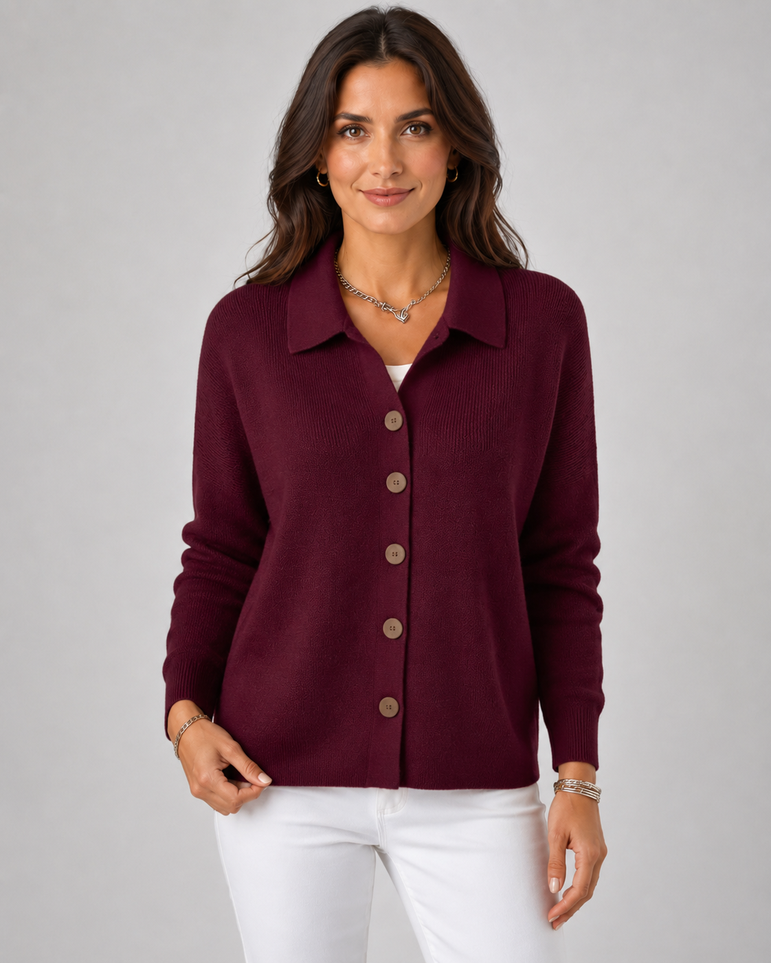 Women's Collared Knit Cardigan – Button Front, Stretch Fabric