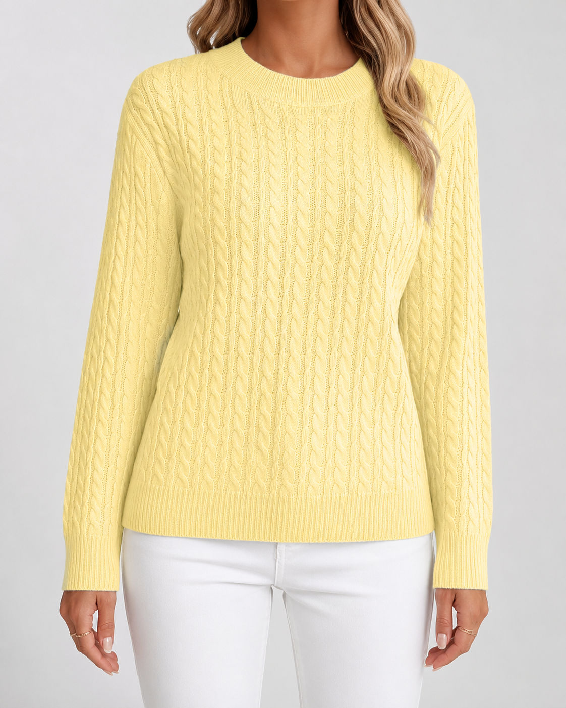 Women's Cable Knit Jumper – Crew Neck, Ribbed Cuffs
