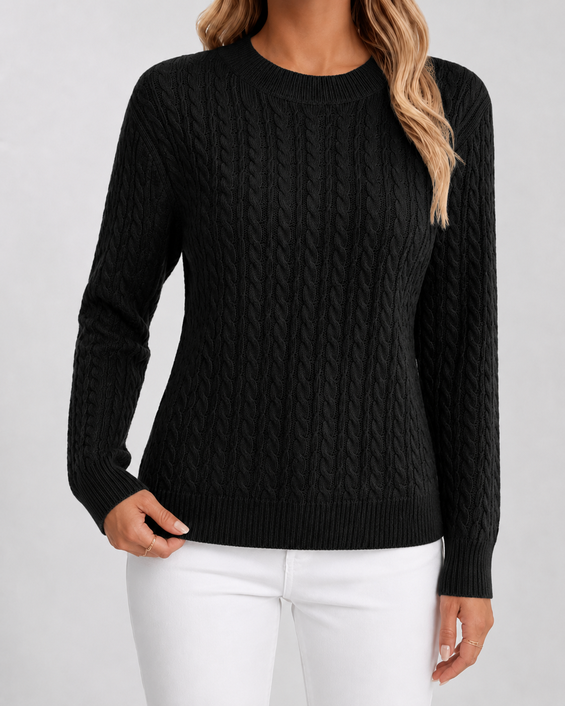 Women's Cable Knit Jumper – Crew Neck, Ribbed Cuffs