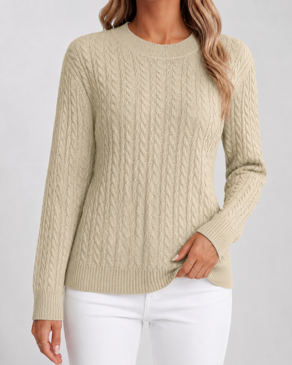 Women's Cable Knit Jumper – Crew Neck, Ribbed Cuffs