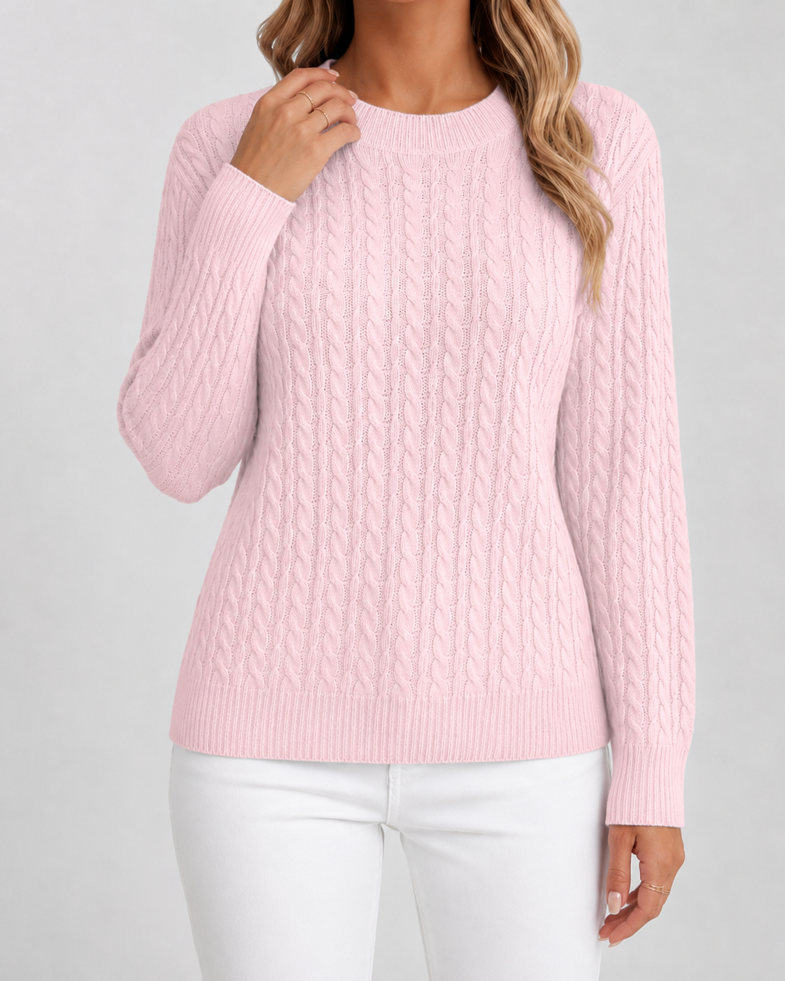 Women's Cable Knit Jumper – Crew Neck, Ribbed Cuffs