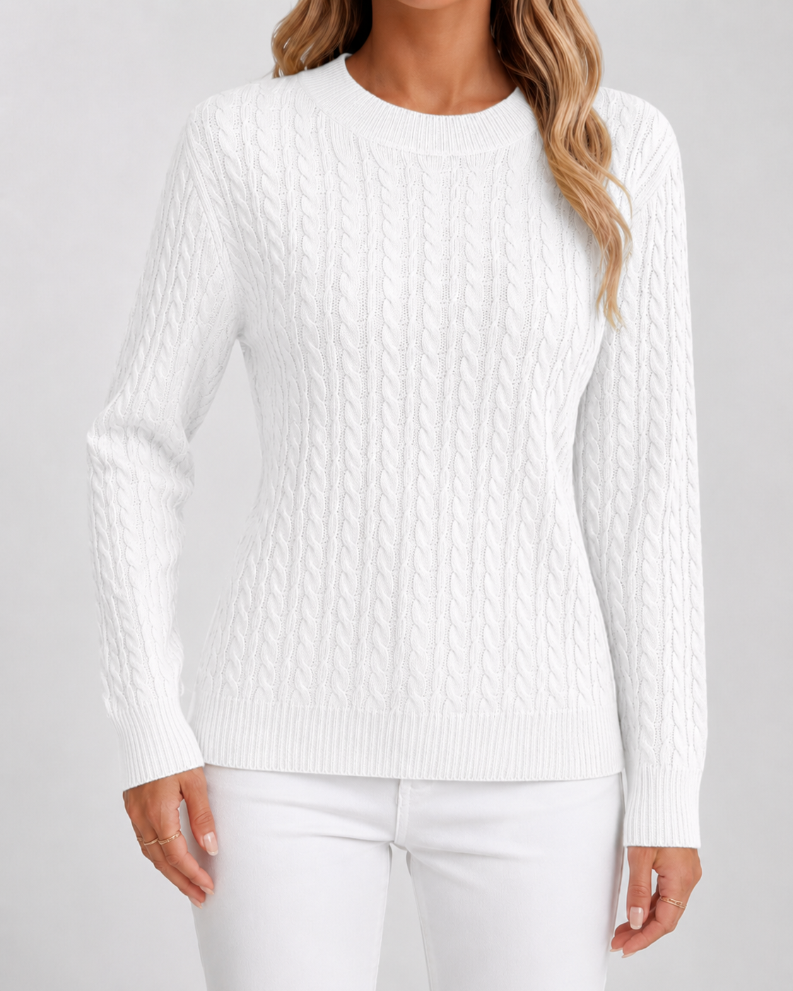 Women's Cable Knit Jumper – Crew Neck, Ribbed Cuffs