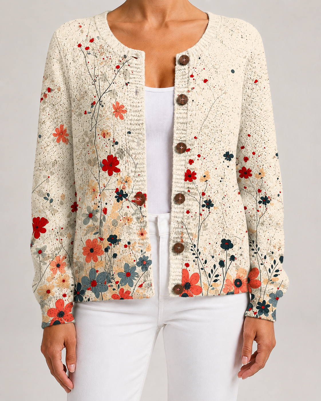 Women's Floral Knit Cardigan – Button Front, Relaxed Fit
