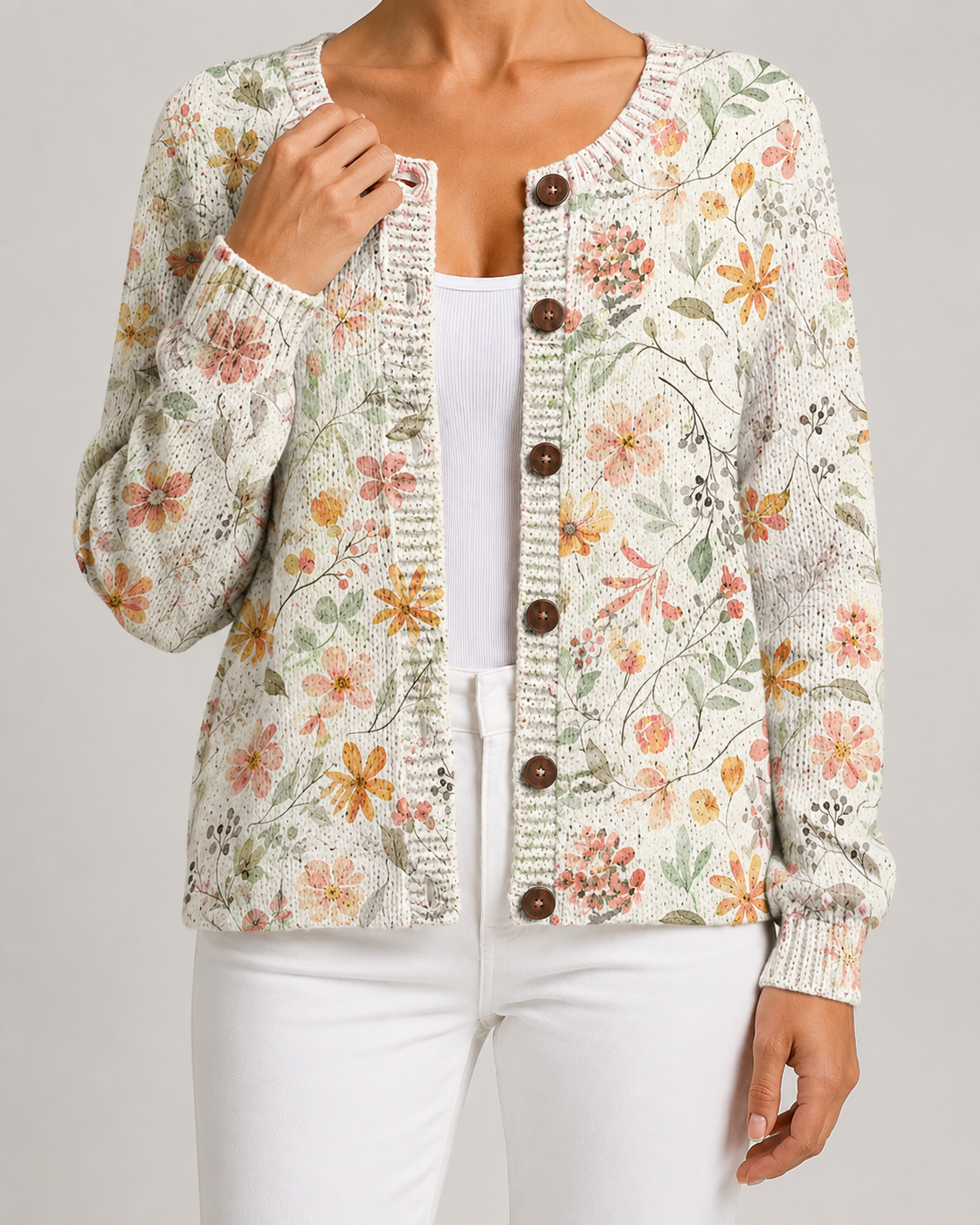 Women's Floral Knit Cardigan – Button Front, Relaxed Fit