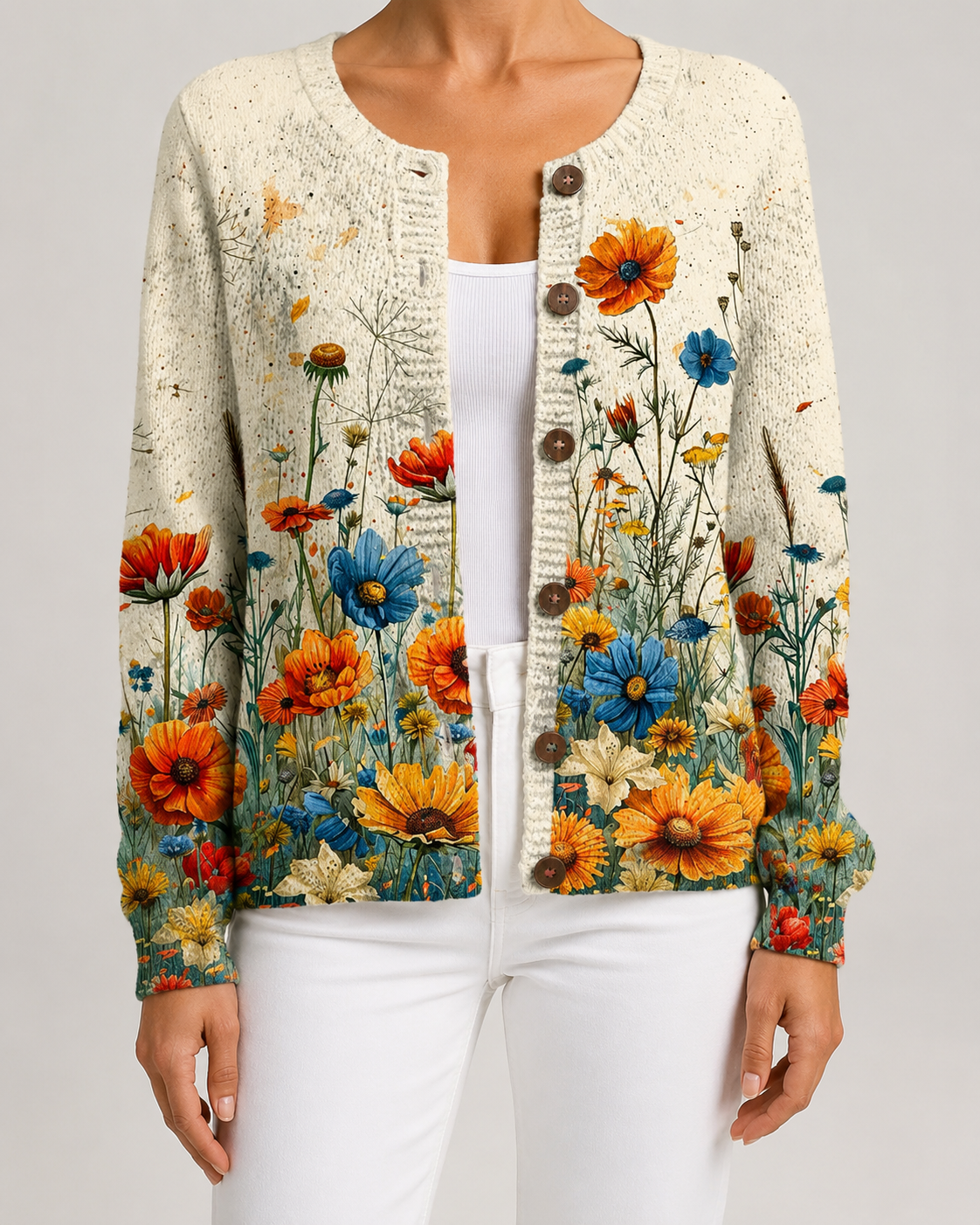 Women's Floral Knit Cardigan – Button Front, Relaxed Fit