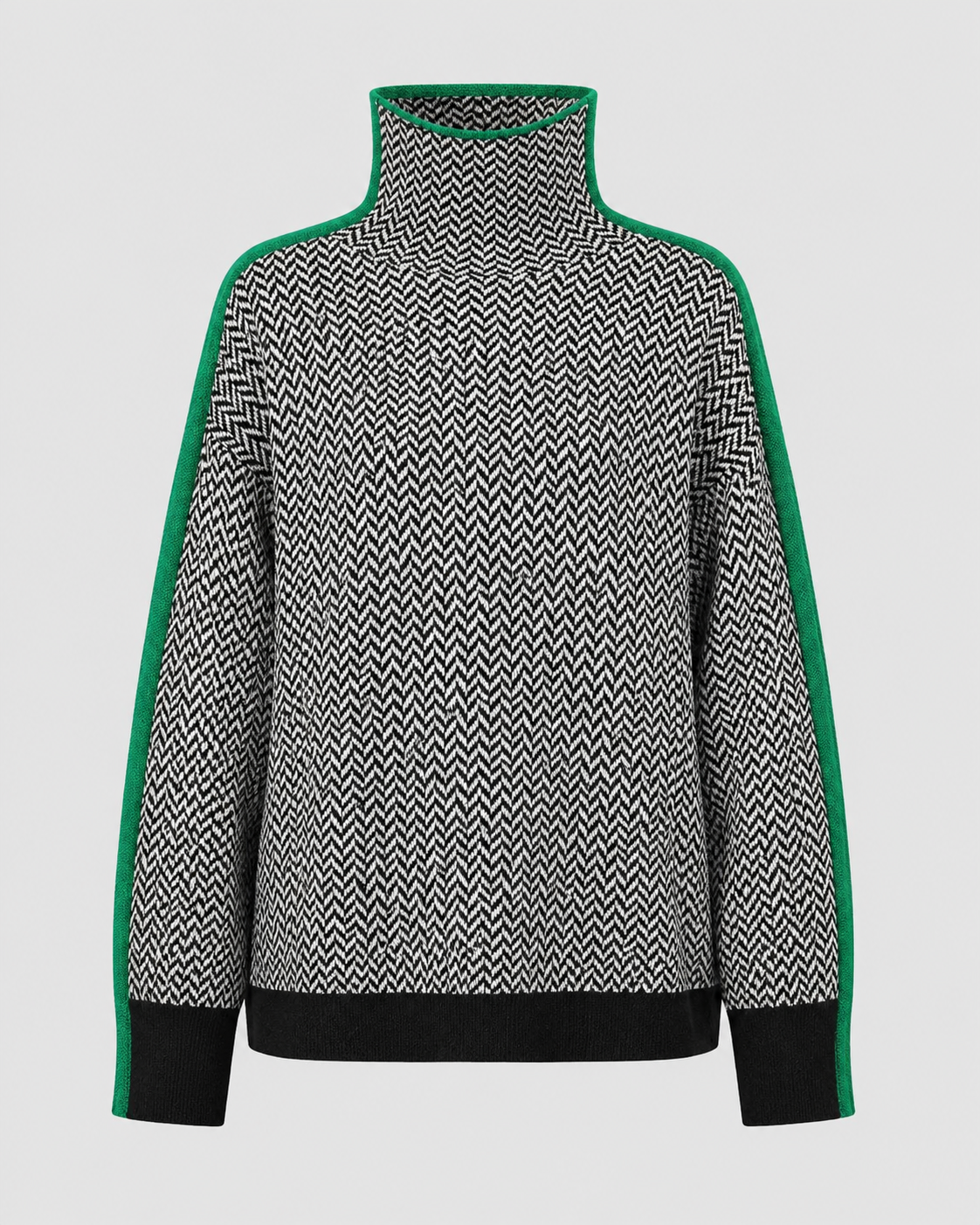 Women's Herringbone Turtleneck Jumper – Contrast Sleeves, Loose Fit