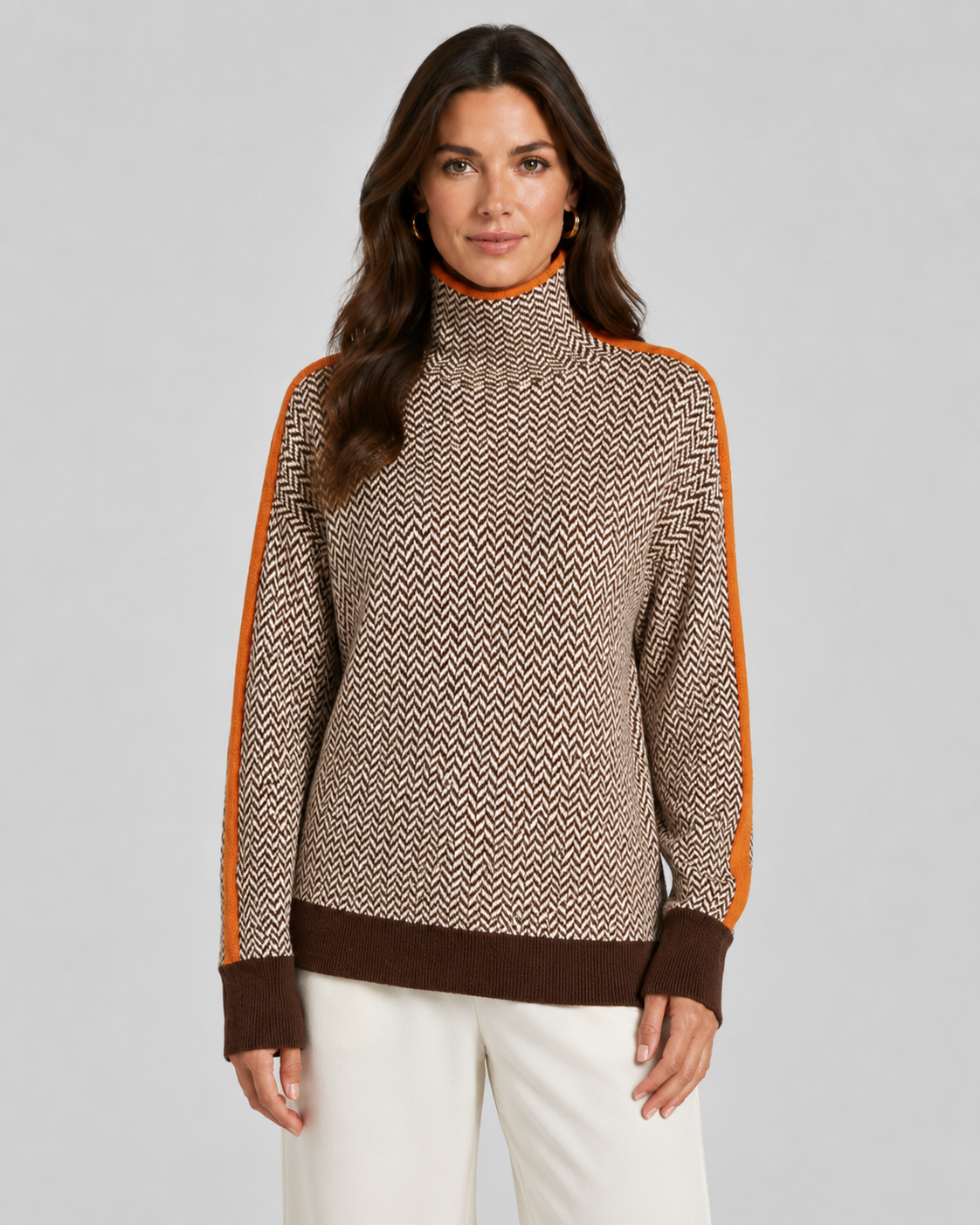 Women's Herringbone Turtleneck Jumper – Contrast Sleeves, Loose Fit