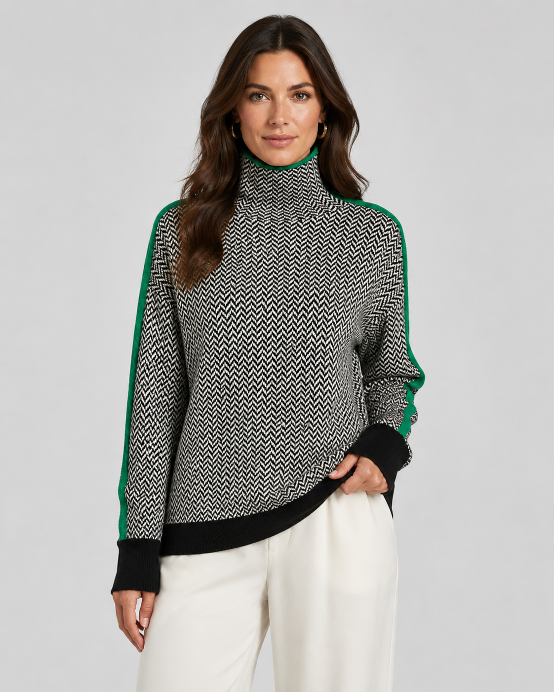 Women's Herringbone Turtleneck Jumper – Contrast Sleeves, Loose Fit