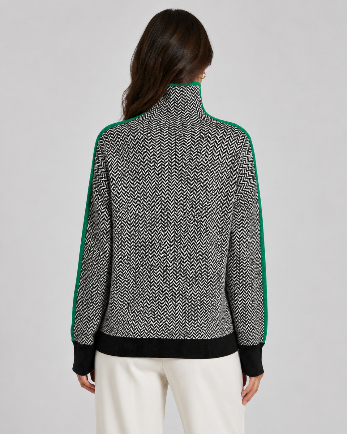 Women's Herringbone Turtleneck Jumper – Contrast Sleeves, Loose Fit