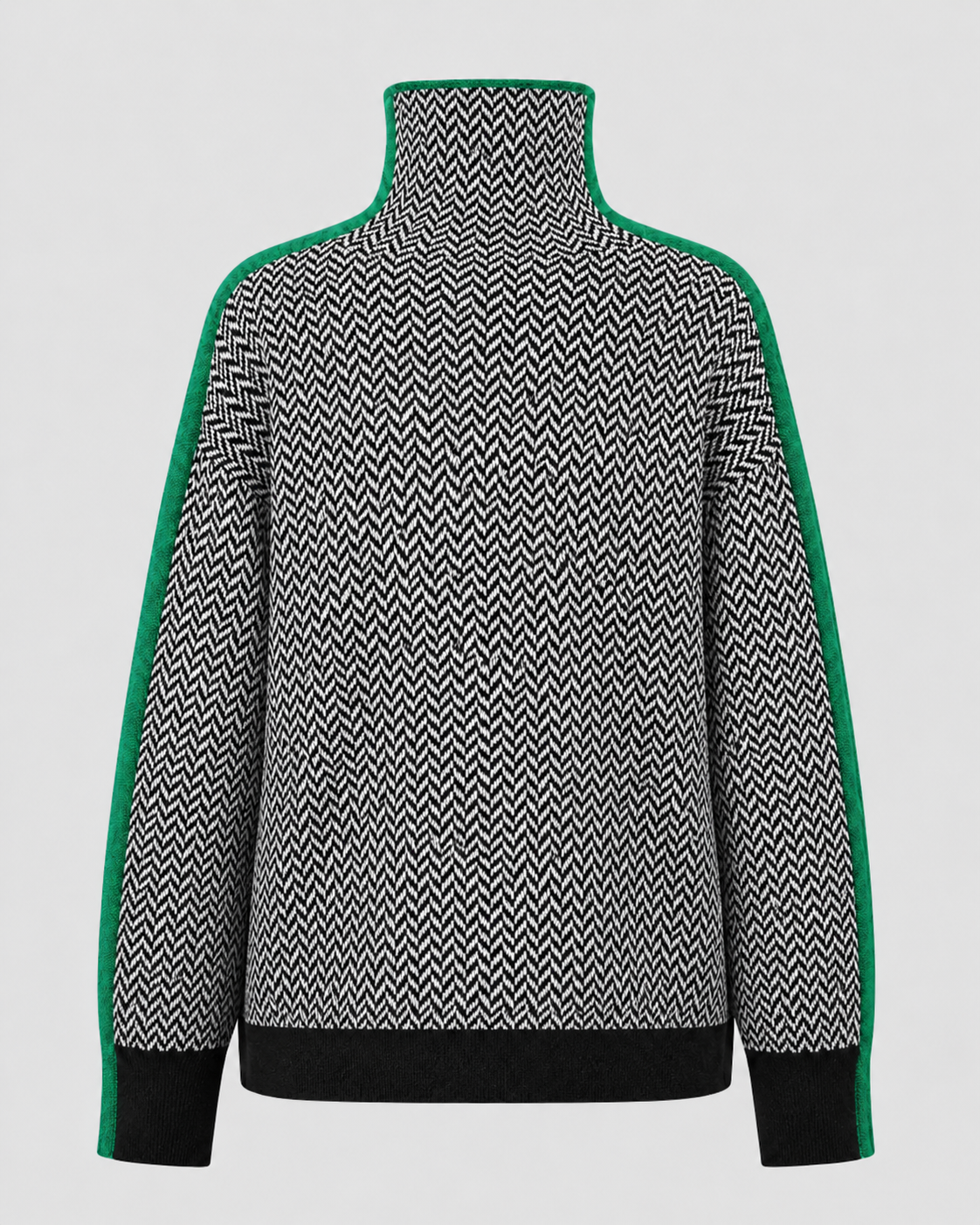 Women's Herringbone Turtleneck Jumper – Contrast Sleeves, Loose Fit