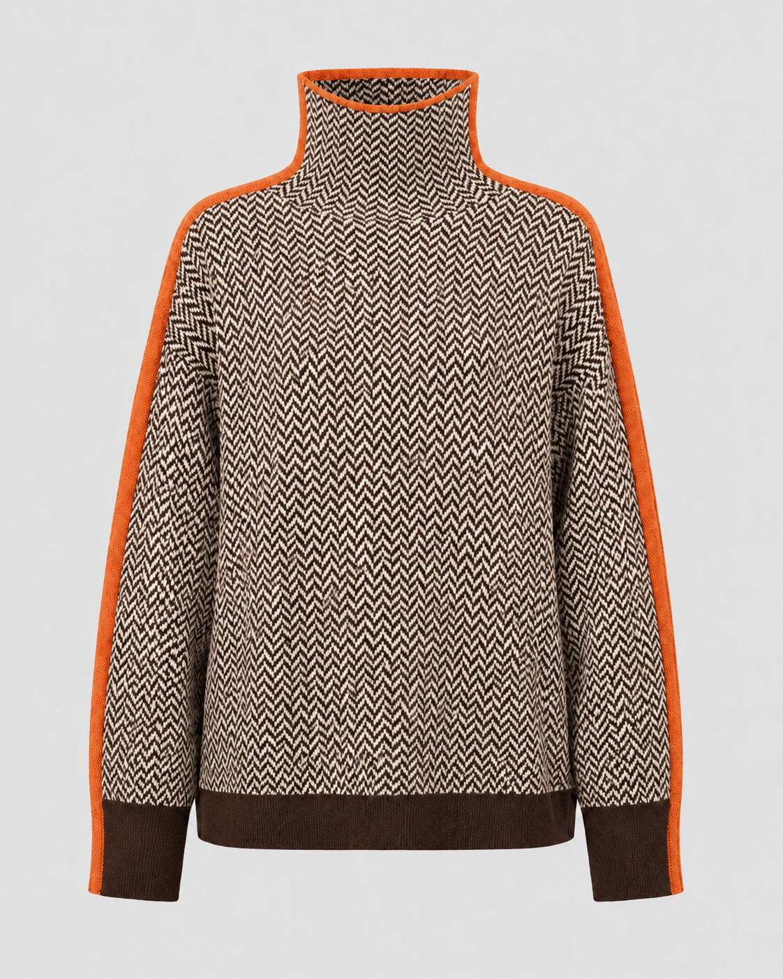 Women's Herringbone Turtleneck Jumper – Contrast Sleeves, Loose Fit