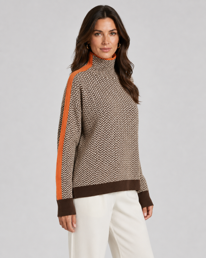 Women's Herringbone Turtleneck Jumper – Contrast Sleeves, Loose Fit