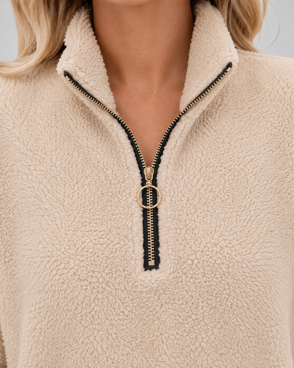 Women's Teddy Fleece Half Zip Jumper – Funnel Neck, Kangaroo Pocket