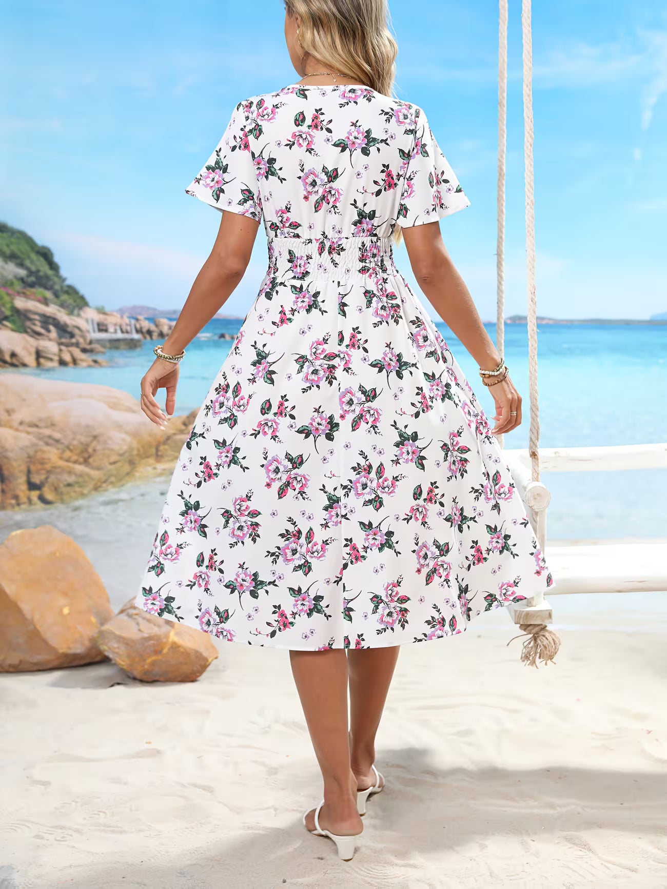 Women's Bohemian V-neck Short Sleeve Shirt Dress