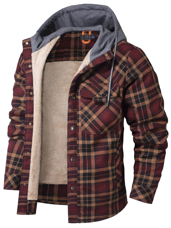 Men's Check Hooded Jacket – Fleece Lined Cotton, Button Front