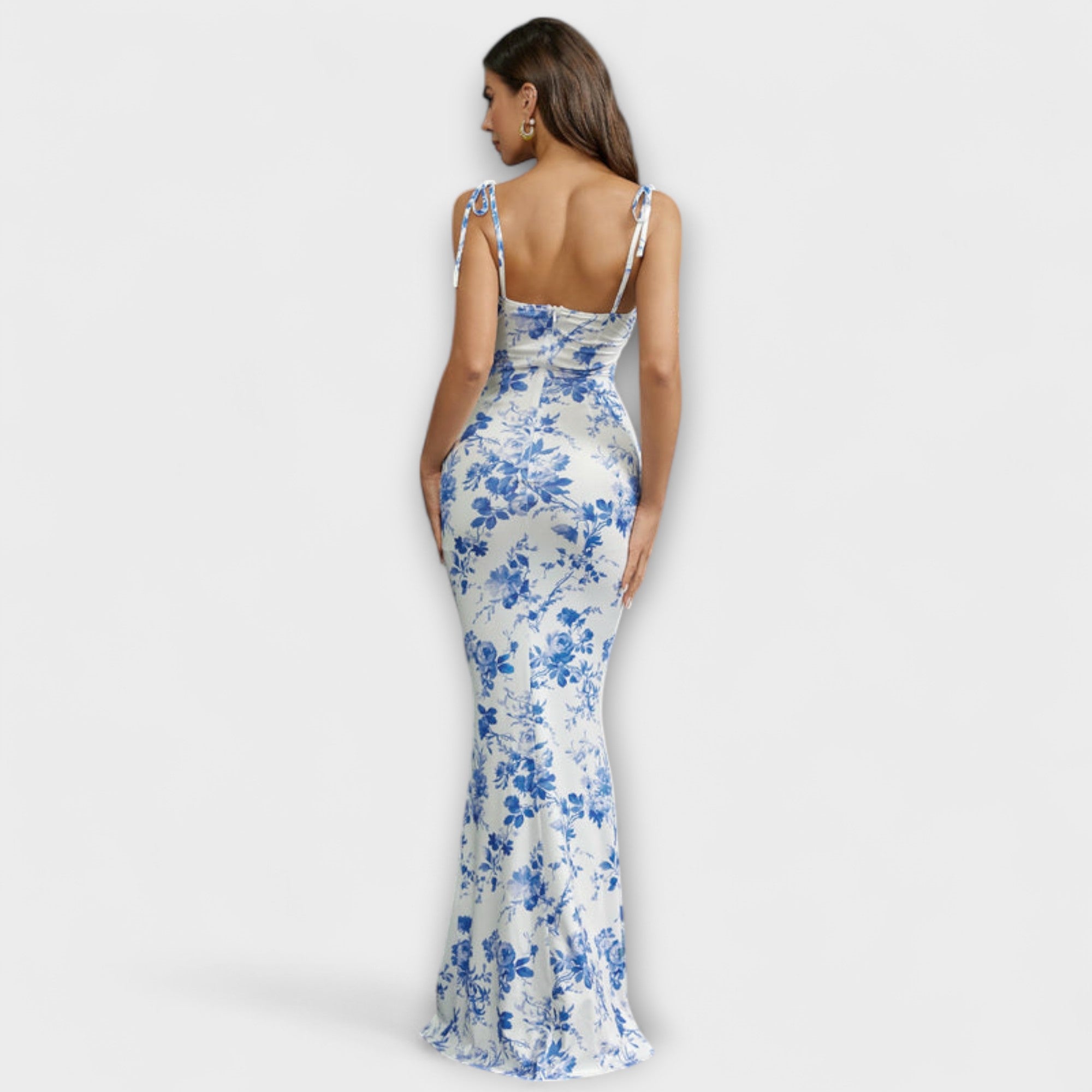 Floral Print Prom Dress With Tied Shoulder Straps