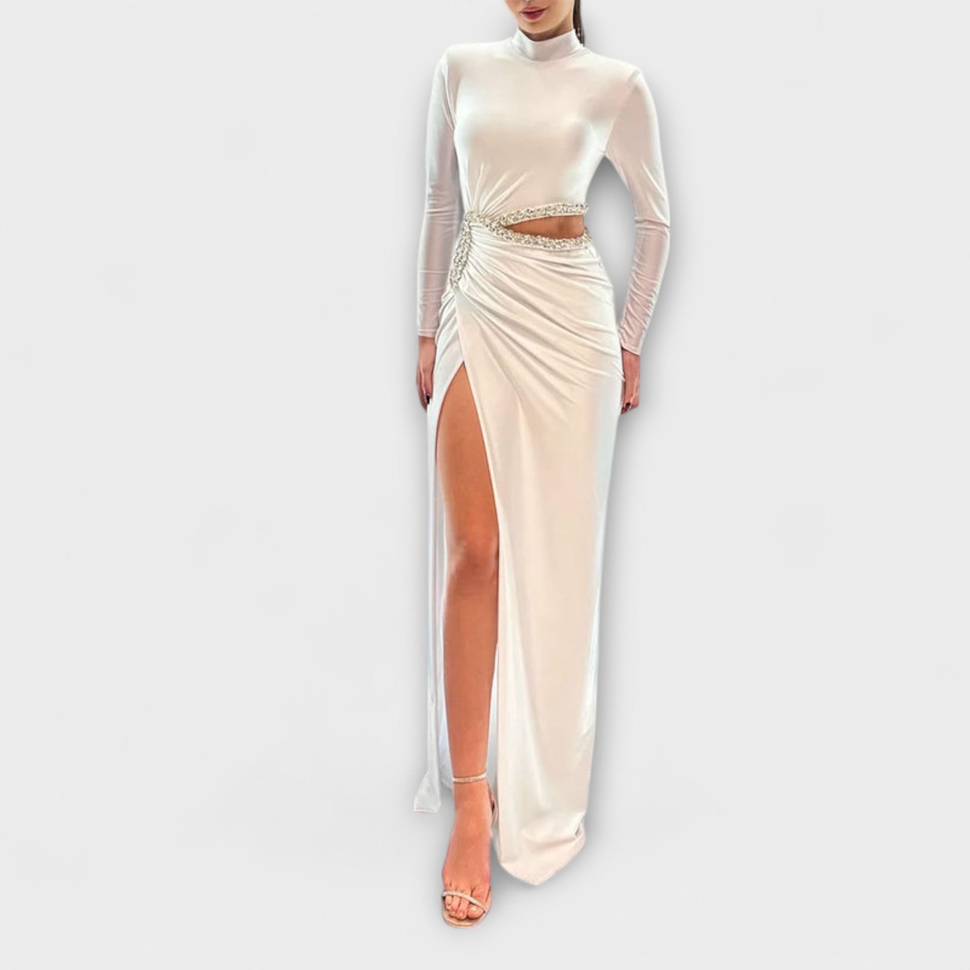 White Long Sleeve Dress with Waist Cutout and Rhinestone Accents