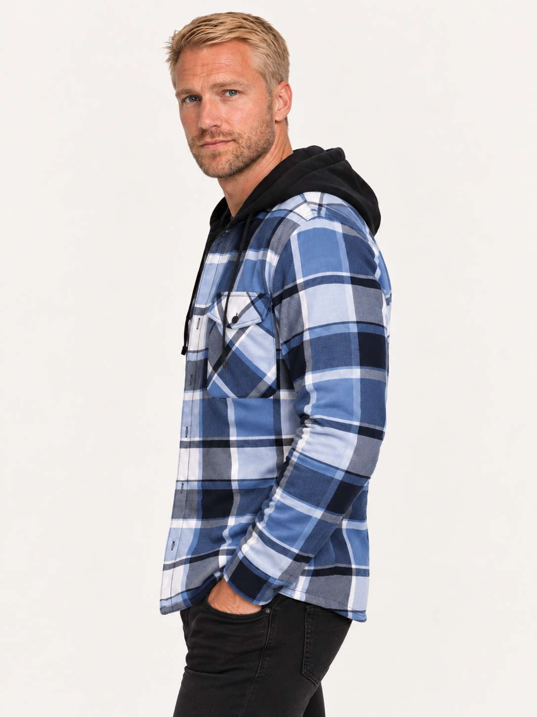Men's Hooded Flannel Shirt Jacket – Check Overshirt, Flap Pockets