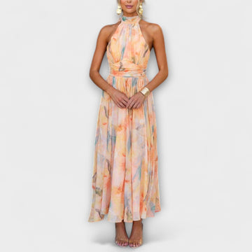 Neck Watercolor Print Maxi Dress