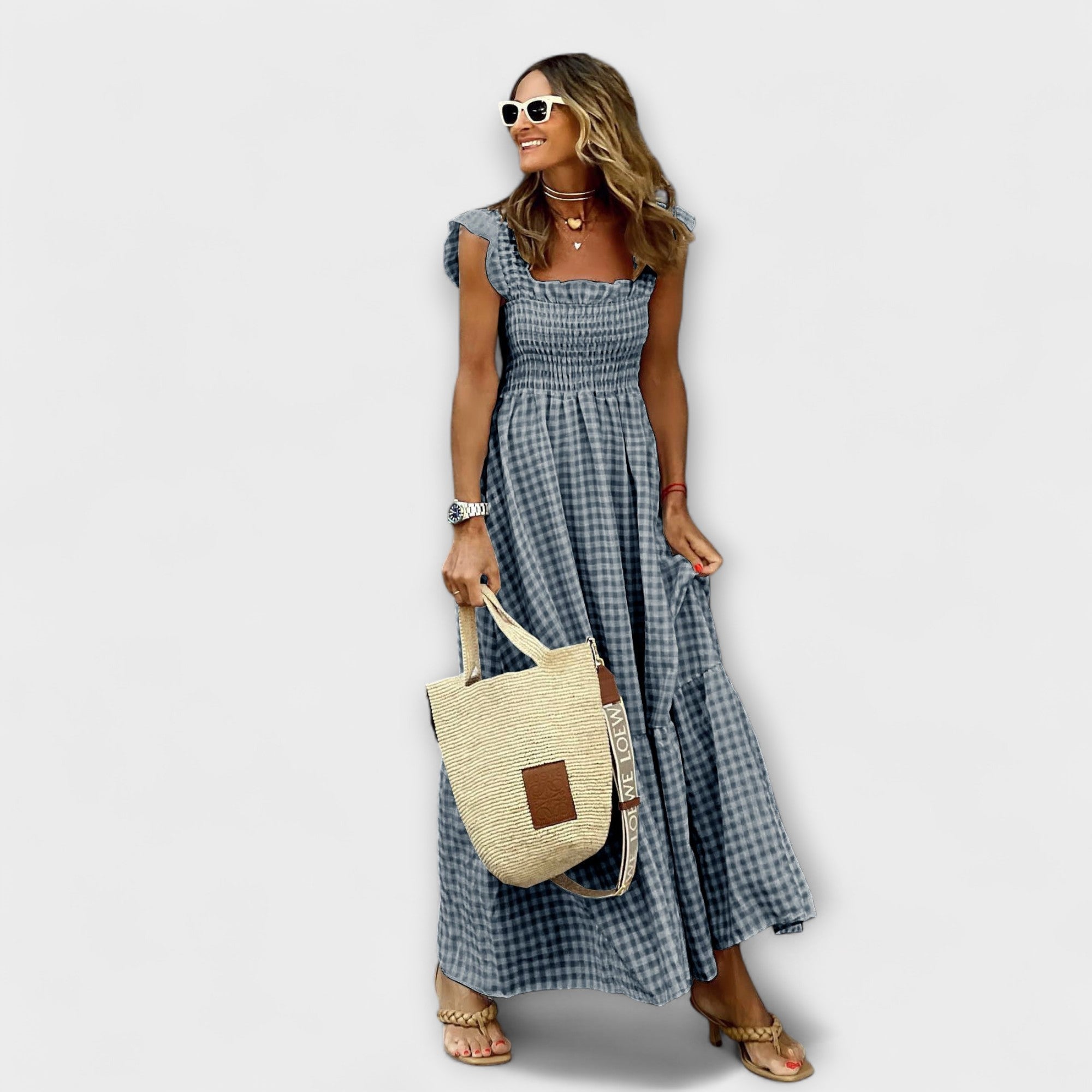 Checked Maxi Dress With Ruffled Sleeves