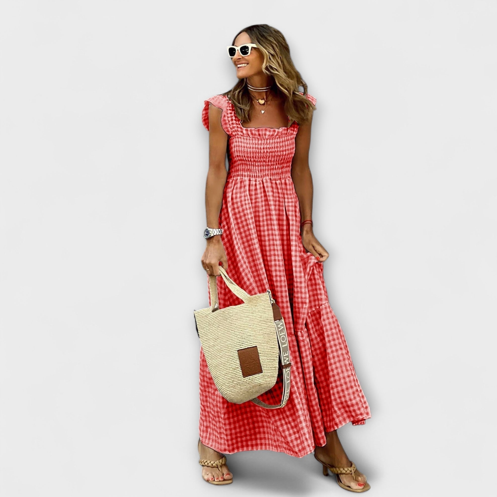 Checked Maxi Dress With Ruffled Sleeves