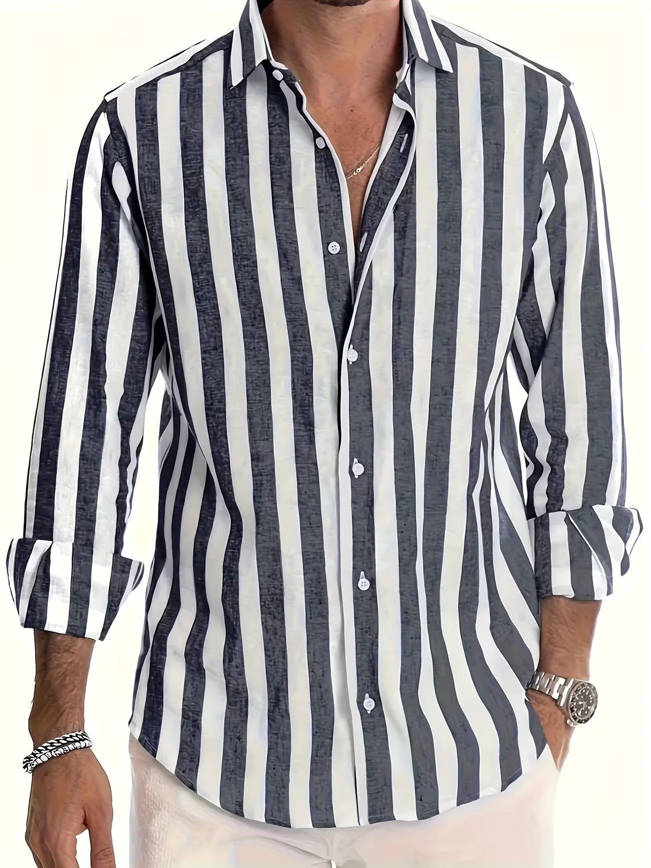 Men's Striped Long Sleeve Button-up Shirt