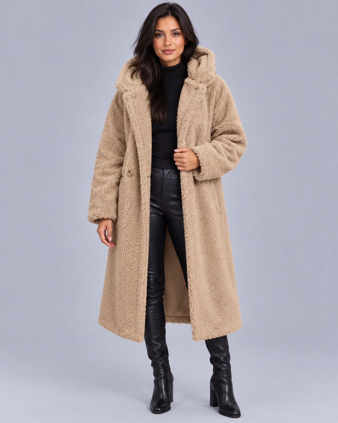 Women's Oversized Longline Hooded Teddy Coat