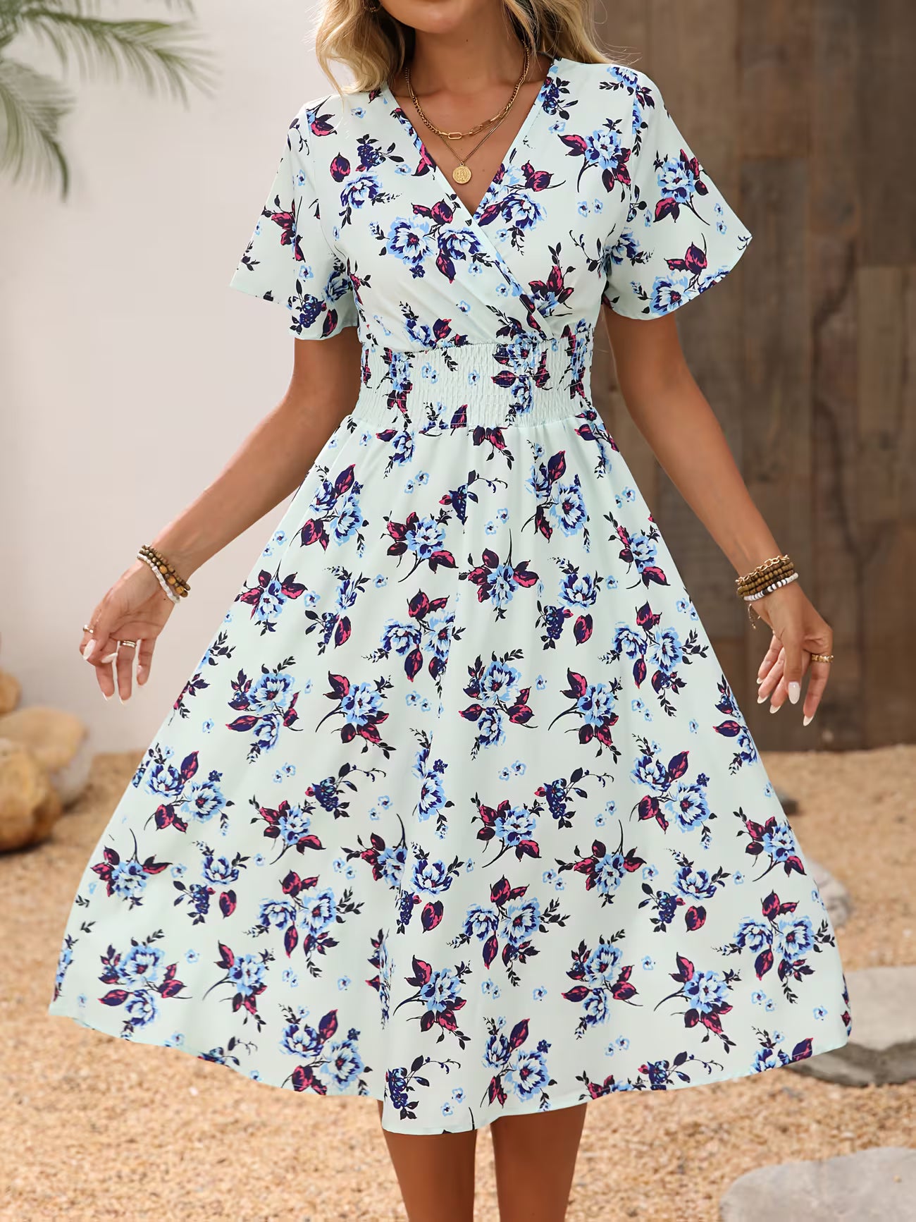 Women's Bohemian V-neck Short Sleeve Shirt Dress