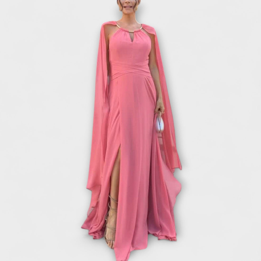 Elegant Maxi Dress with Cape Sleeves and High Slit
