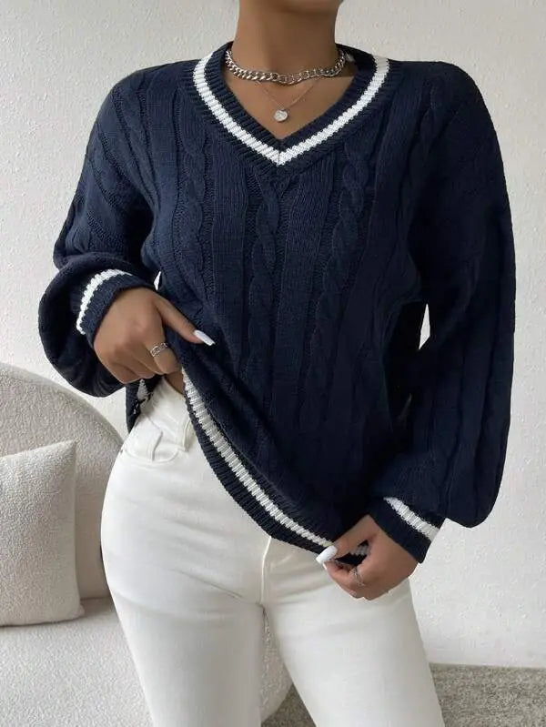Women's V-Neck Cable Knit Jumper – Contrast Trim, Loose Fit