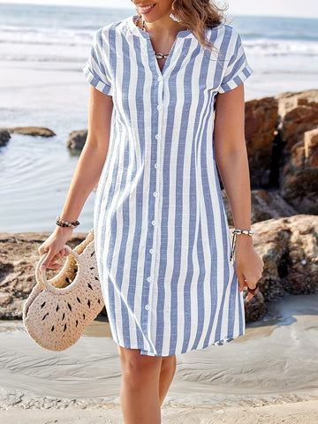 Women's Striped V-neck Knee-length Summer Dress Trousers