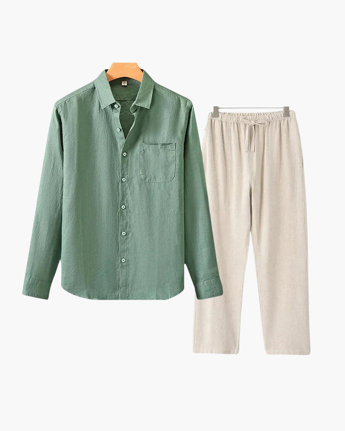 Men's Linen Shirt & Trousers Set – Long Sleeve, Regular Fit