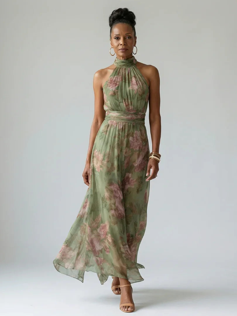 Women Sage Green Floral Halter Midi Dress