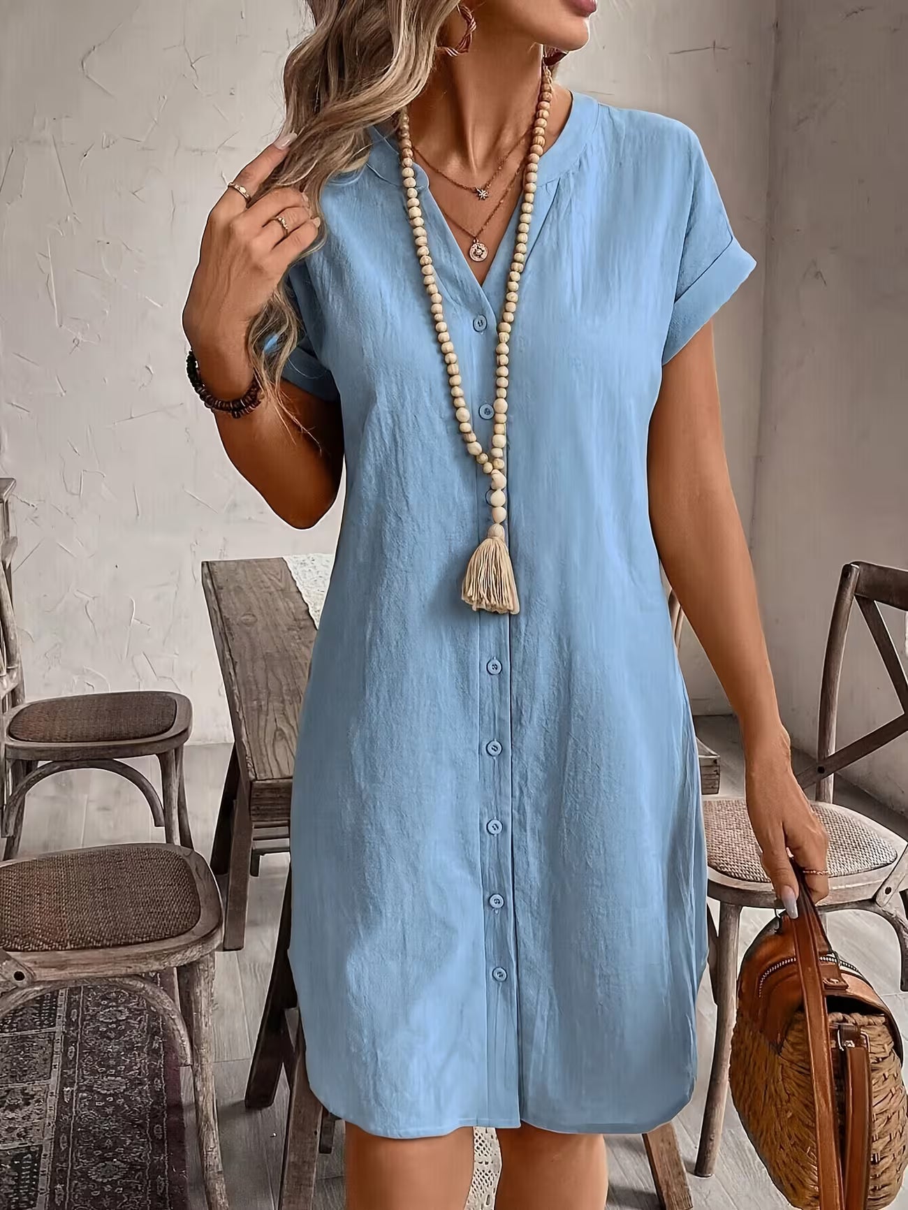 Women's Elegant V-neck Button Loose Fit Midi Dress Shirt