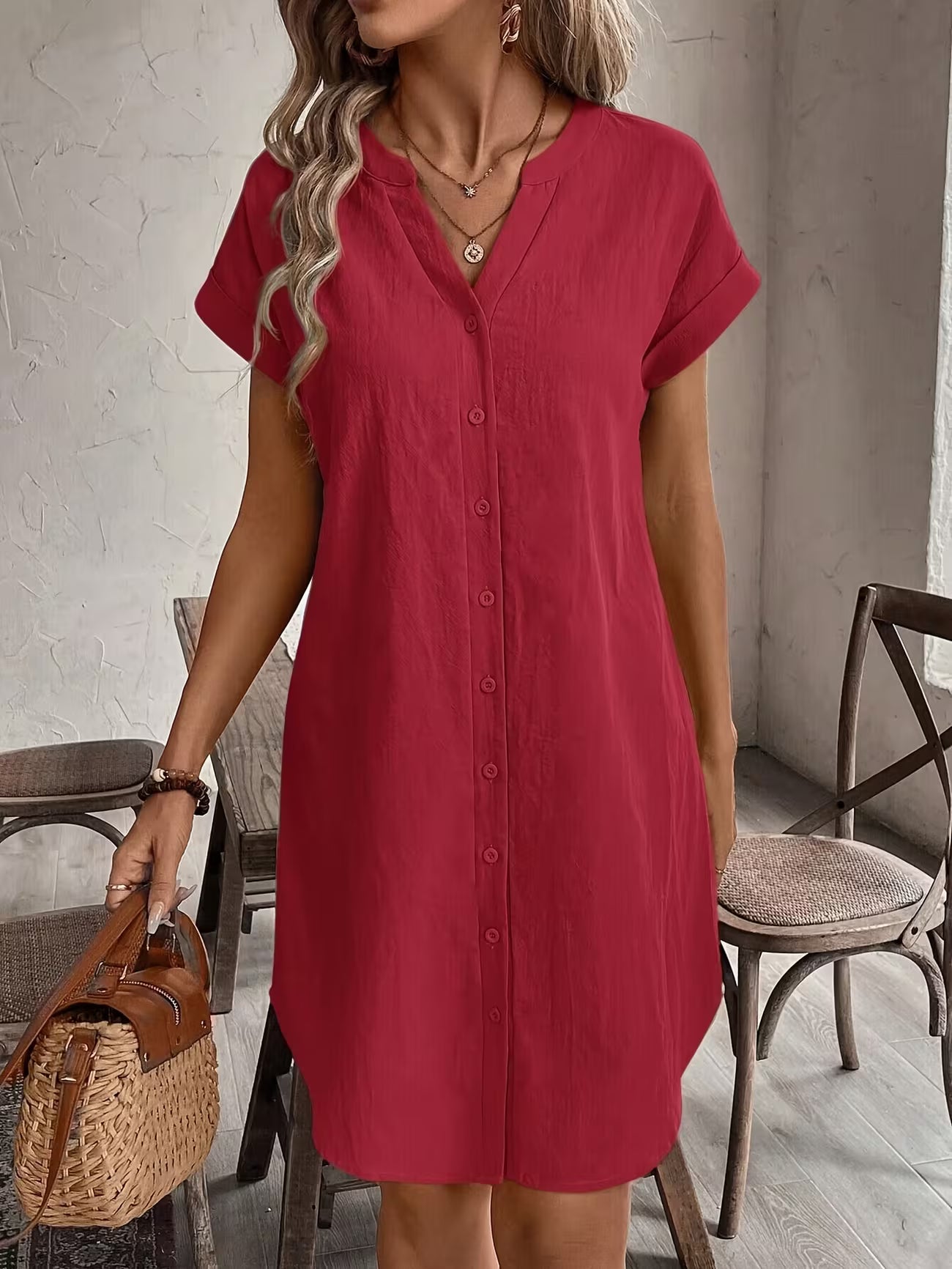 Women's Elegant V-neck Button Loose Fit Midi Dress Shirt