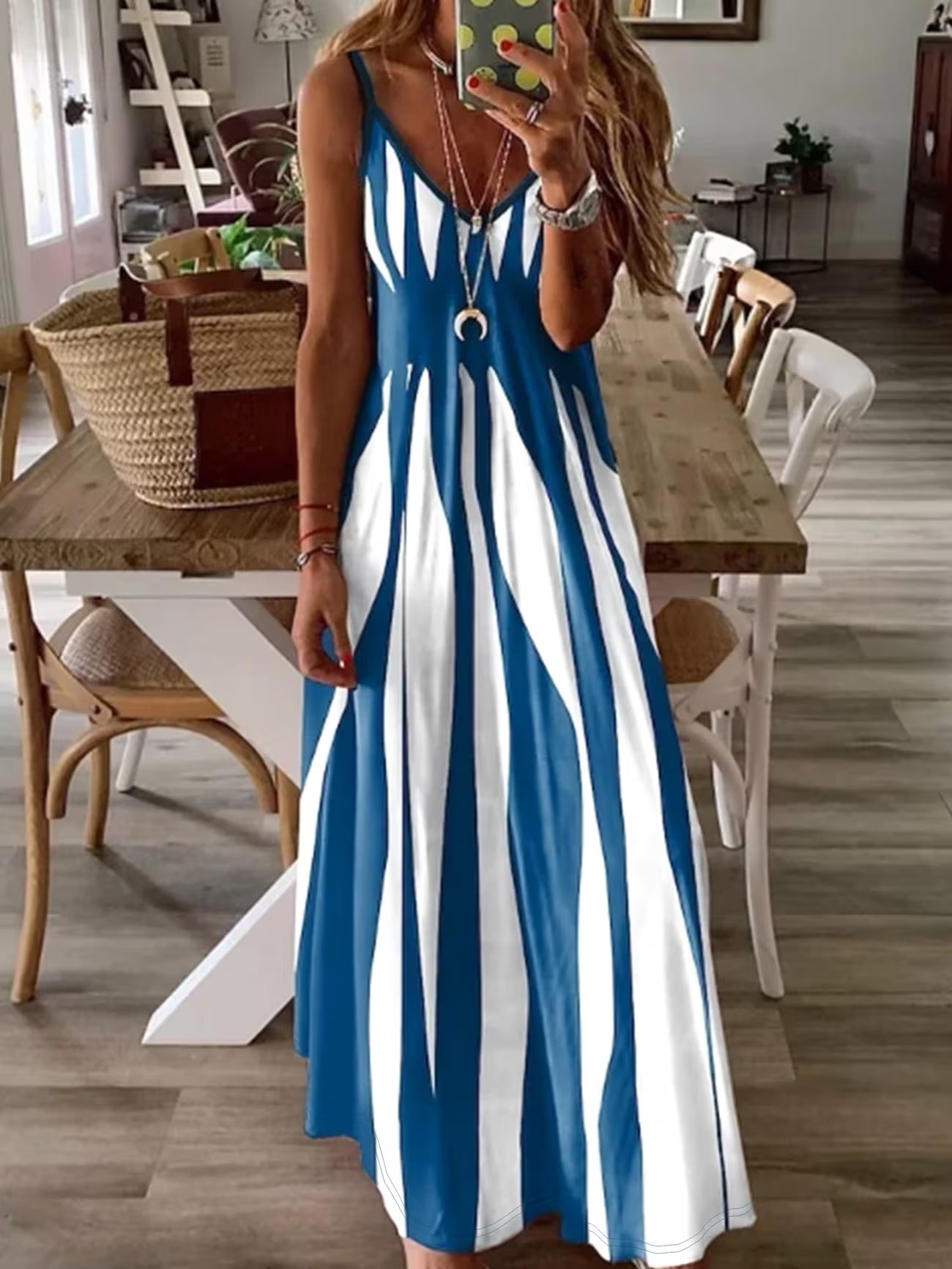 Women's Printed V-neck Slip Dress With Slim Straps