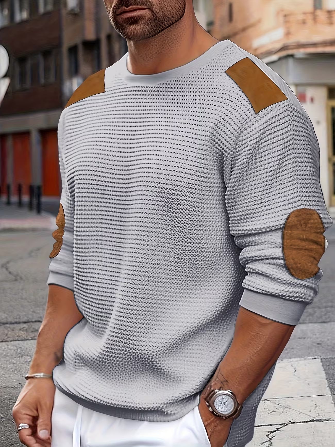 Men's Color Block Waffle Knit Crewneck Sweatshirt